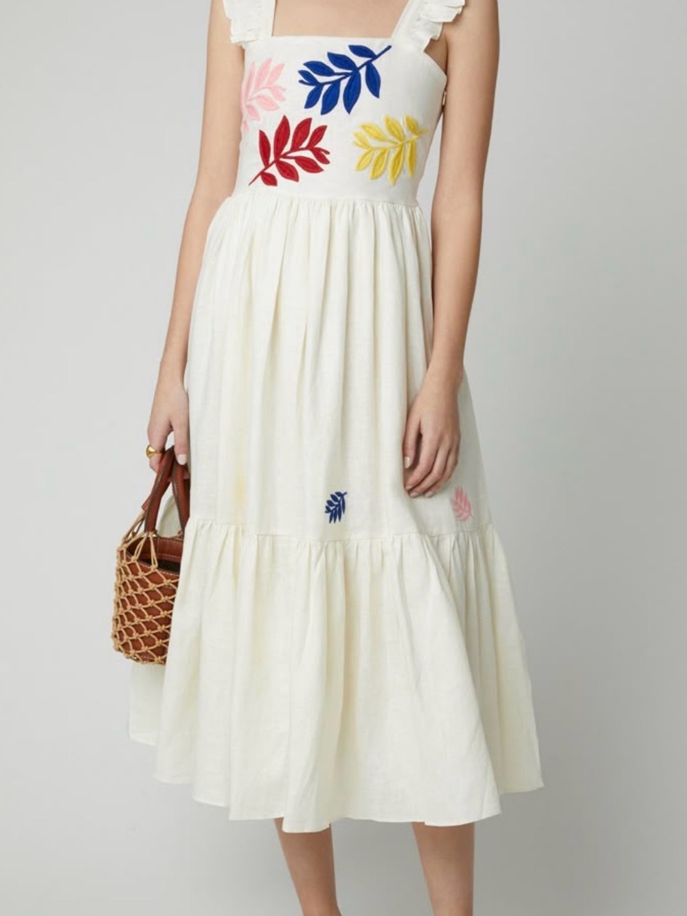 Cream Midi Sundress with Multicolor Leaf Embroidery